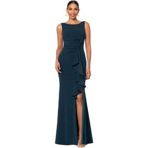 Betsy & Adam Women’s Scuba Crepe Gown 4 Petite Sleeveless Ruffle Side Slit Pine